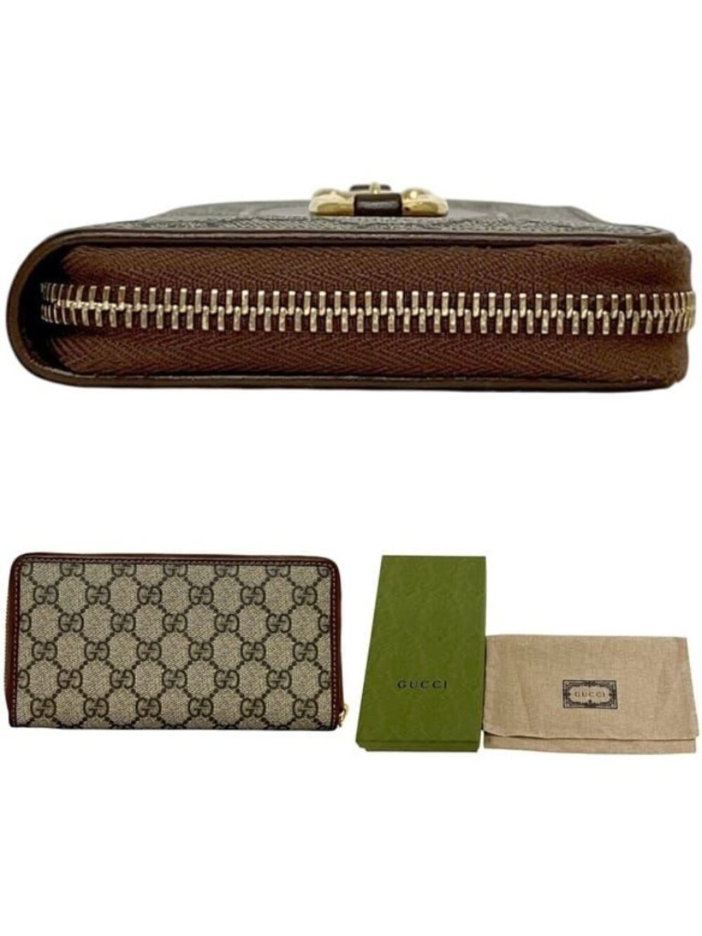 Gucci Zip Around Wallet Beige Brown Horsebit Leather GG Canvas Zipper - Picture 2 of 10